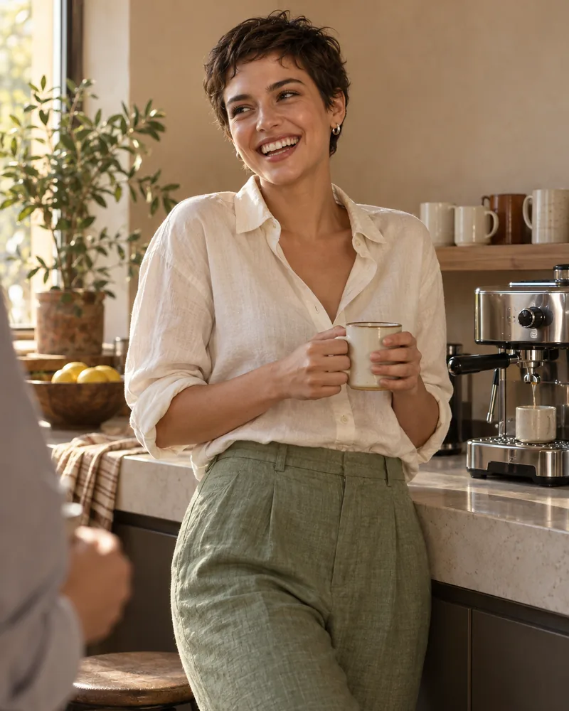 A woman with cropped hair leaning on an office kitchen counter, a mug in both hands, laughing beside the espresso machine.