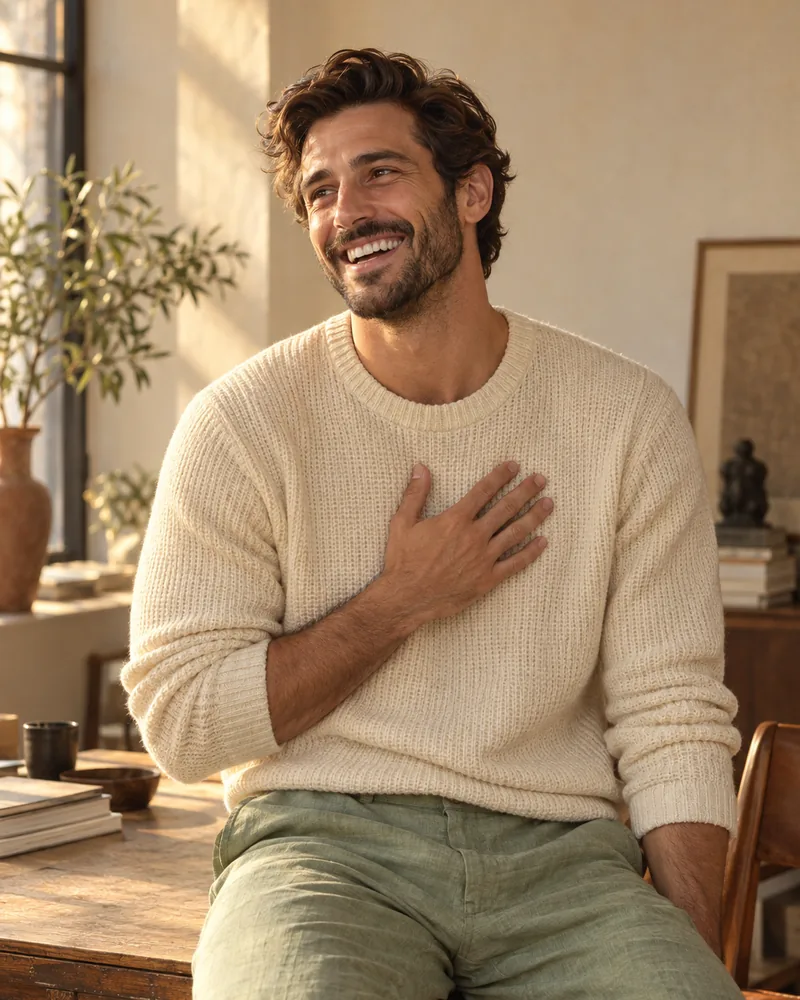 A man in a cream knit on the edge of a desk, one hand on his chest, laughing kindly.