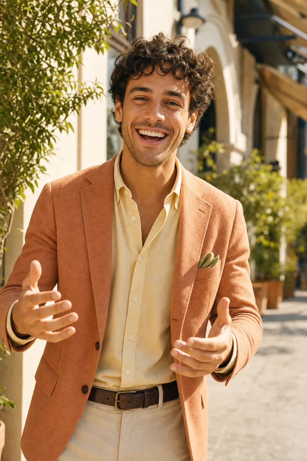 A man laughing on a sunlit street in a terracotta jacket, hands open mid-sentence.