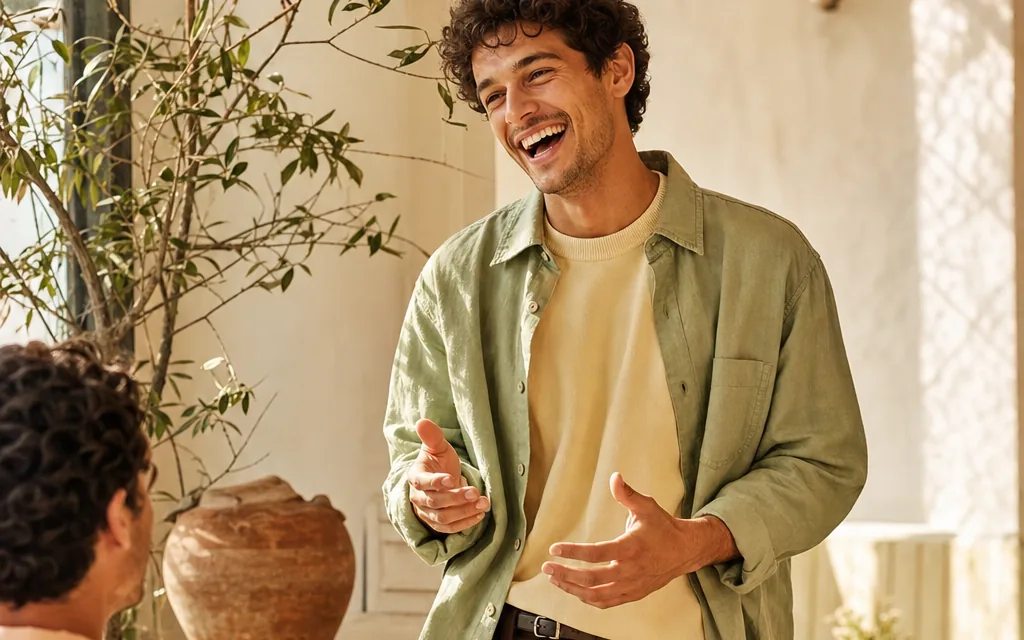 A man in a sage overshirt laughing mid-sentence, hands moving, talking with a seated friend in a sunlit café.
